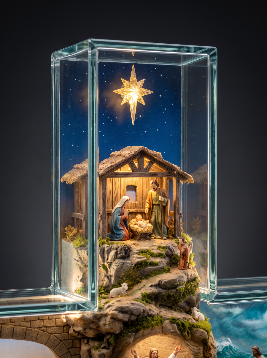 Close-up of the nativity scene under the star