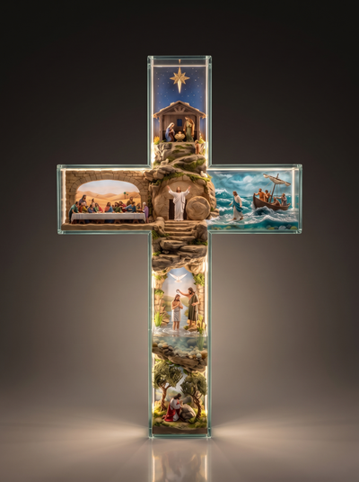 Illuminated cross with six scenes from the life of Jesus, glowing warmly