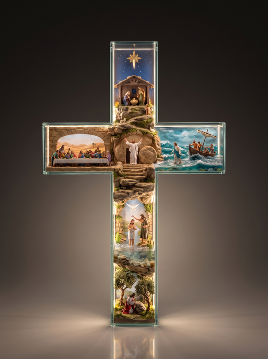 Illuminated cross with six scenes from the life of Jesus, glowing warmly