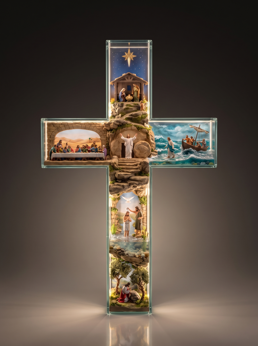 Illuminated cross with six scenes from the life of Jesus, glowing warmly